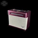 Front angle of Magnatone Baby M-80 12w 1x10 Tube Combo Amp Billy Gibbons Chrome Grape.