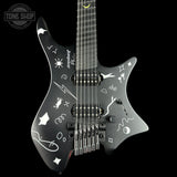 Black electric guitar with white designs on a black background, featuring the 'Tone Shop' logo.