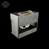 Back angle of Magnatone Baby M-80 12w 1x10 Tube Combo Amp Slash Purple Python.