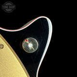Close-up of a guitar pickguard with a visible brand logo in the corner.