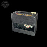 Back angle of Magnatone Baby M-80 12w 1x10 Tube Combo Amp Slash Purple Python.