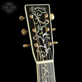 Headstock of Martin Custom Shop 45 Style OM Tree of Life Black.
