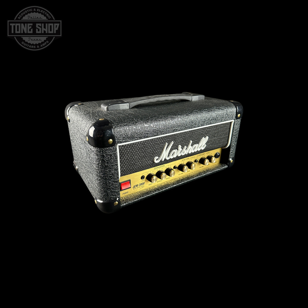 Marshall guitar amplifier head on a black background with 'Tone Shop' logo.