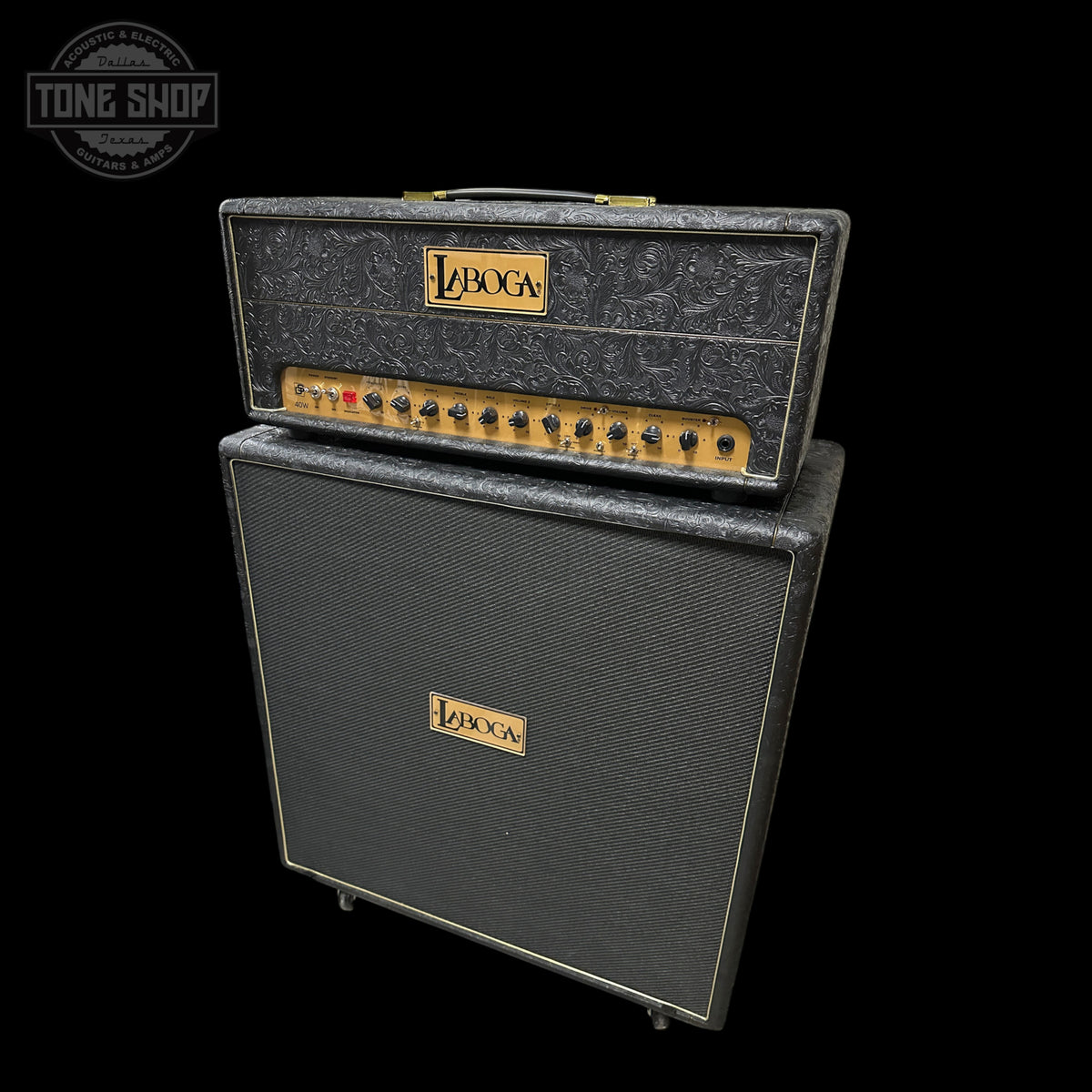 Guitar amplifier with 'Laboca' branding on a black background