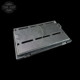 Black metal pedal board with cutouts on a black background, featuring 'Tone Shop' logo.