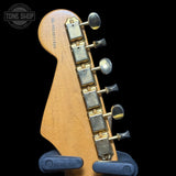 Back of headstock of Used 2008 Fender Deluxe Player Stratocaster 3-Color Sunburst TFW3925.