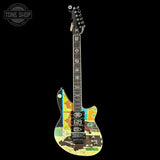 Colorful electric guitar with a geometric pattern on a black background, featuring the 'Tone Shop' logo.