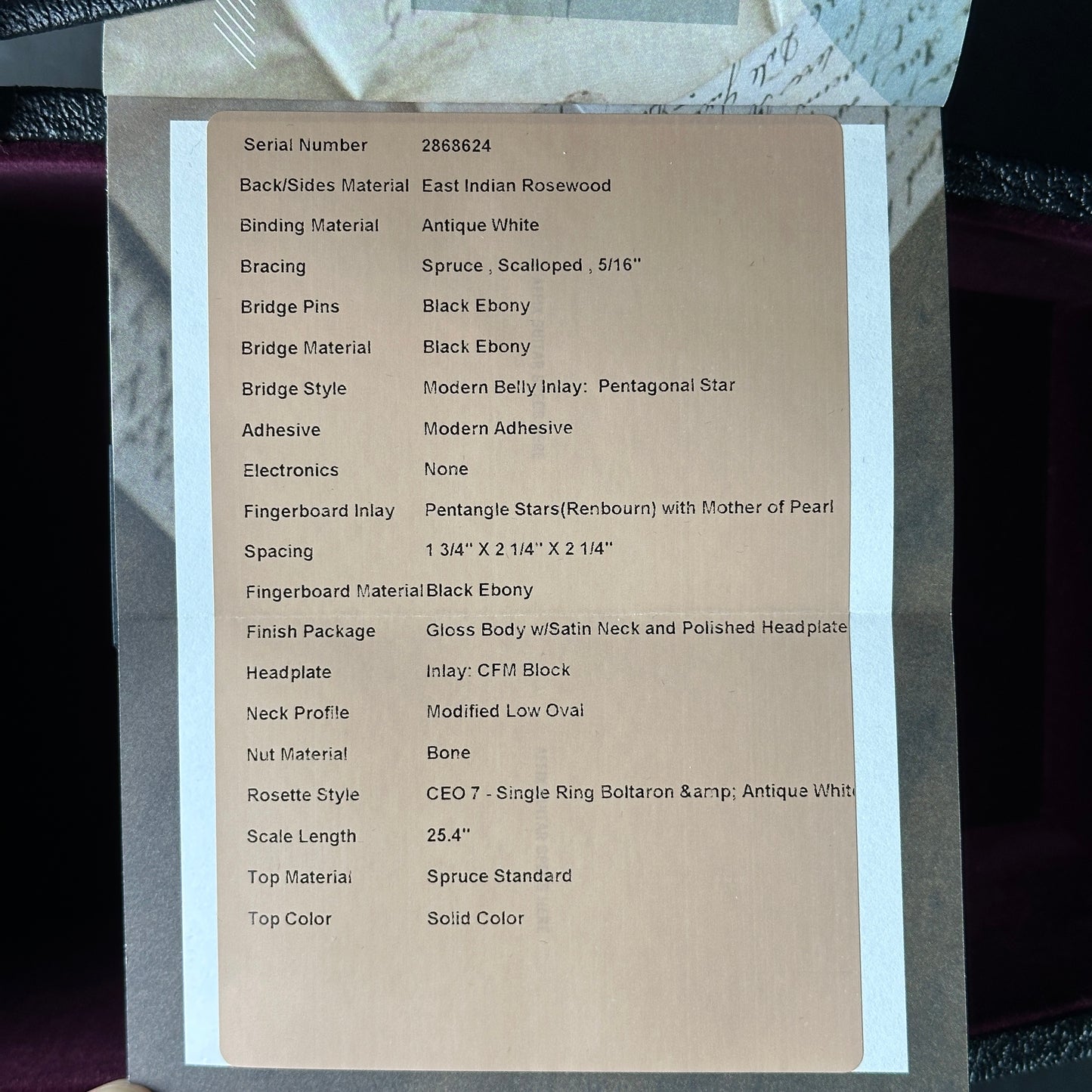 Technical specifications sheet on a cardboard background