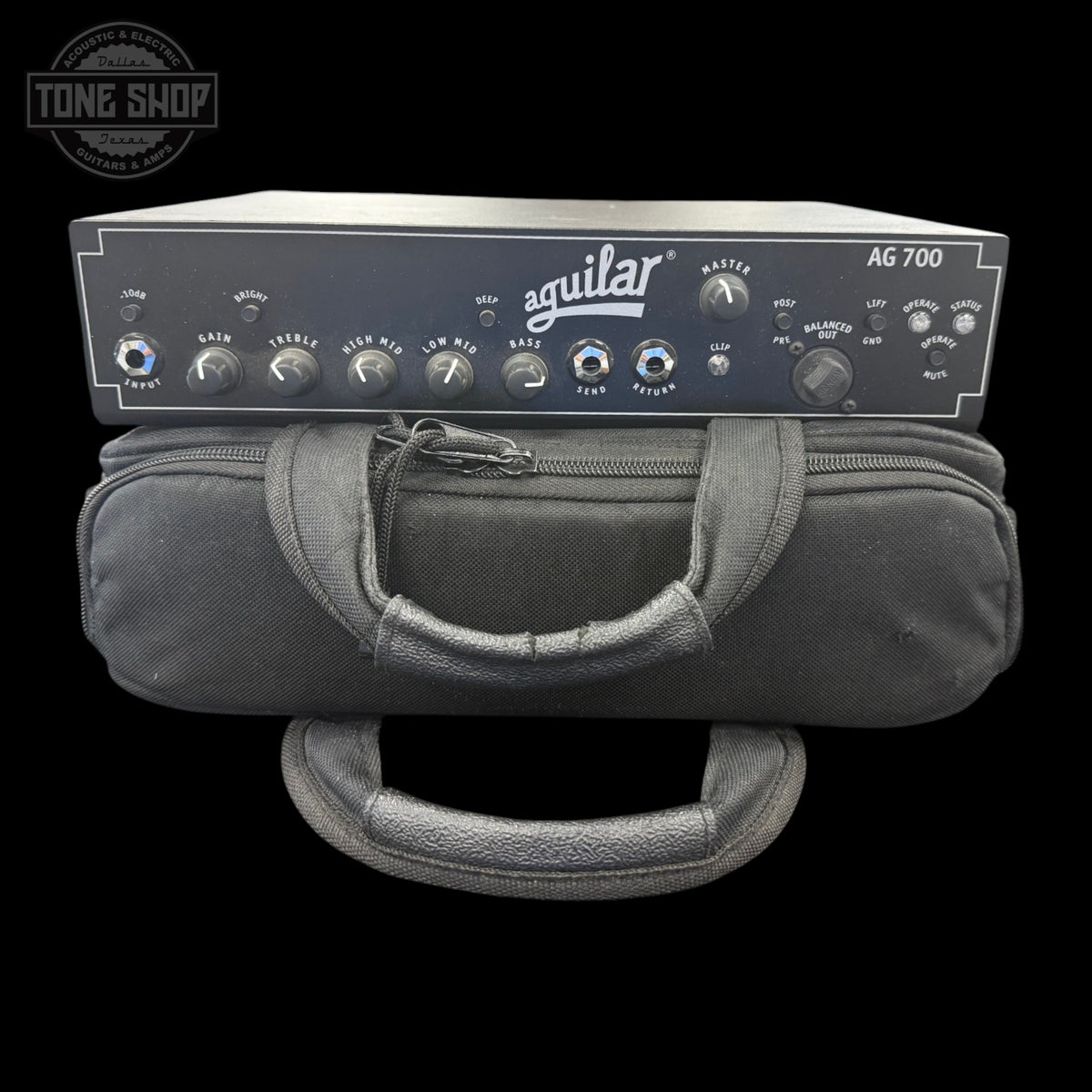Front of Used Aguilar AG700 Super Light 700 Watt Bass Head.