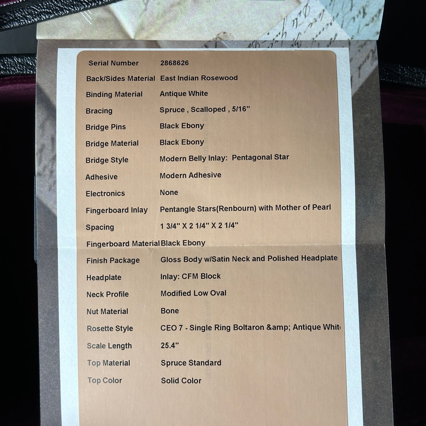 Technical specifications sheet on a wooden surface