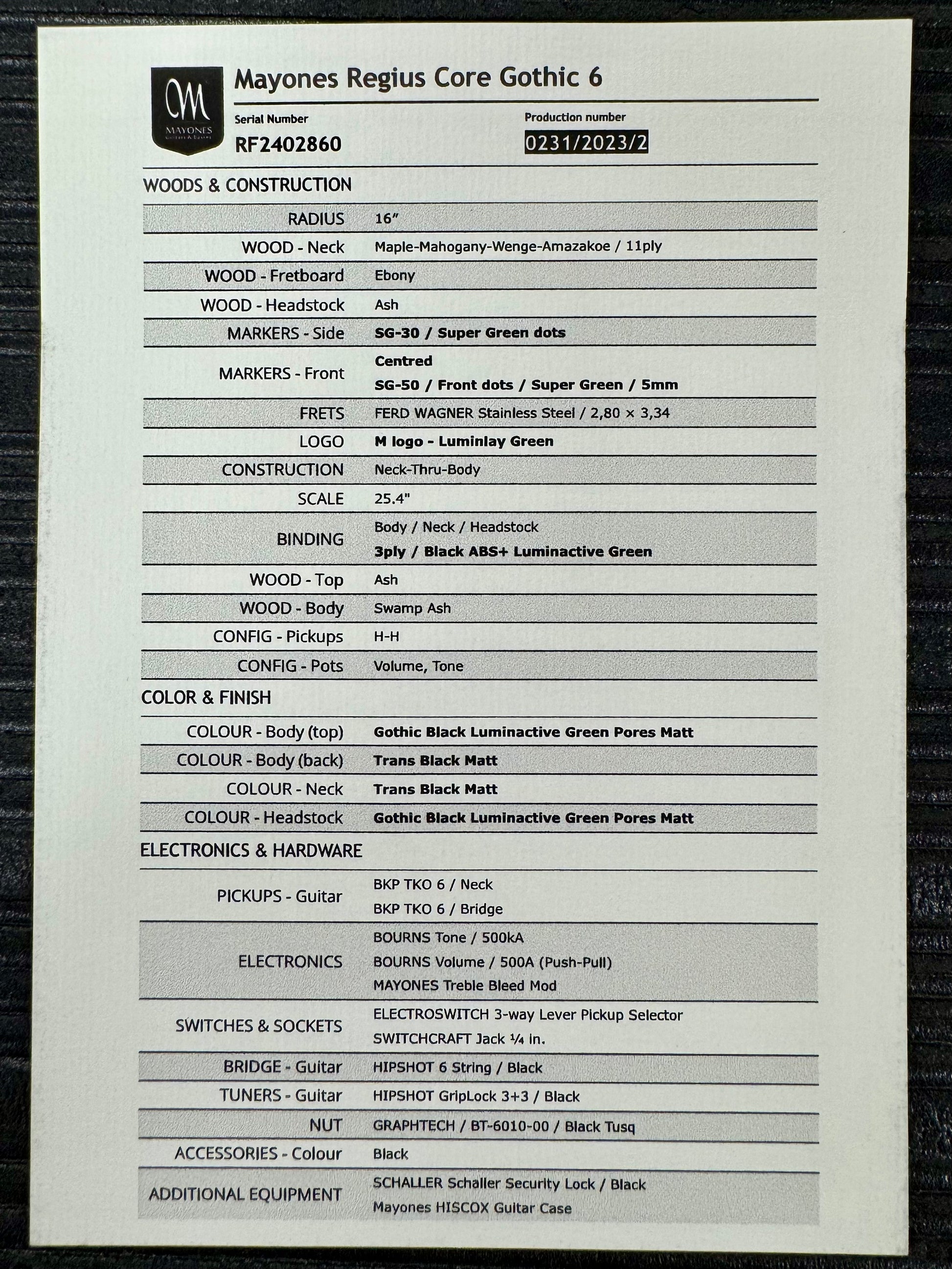 Spec sheet for Used Mayones Regius Core Gothic 6 w/case TSS6301