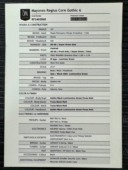 Spec sheet for Used Mayones Regius Core Gothic 6 w/case TSS6301