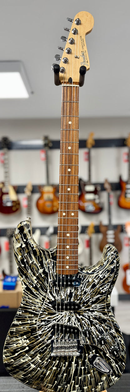 Front of whole Used Fender Splatter Stratocaster Drop Black w/bag TSS6304