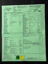 A green Factory Direct Shop Floor Traveler product specification sheet for a 3x4ft hand truck, featuring printed technical details, a barcode, and a yellow price sticker at the bottom.