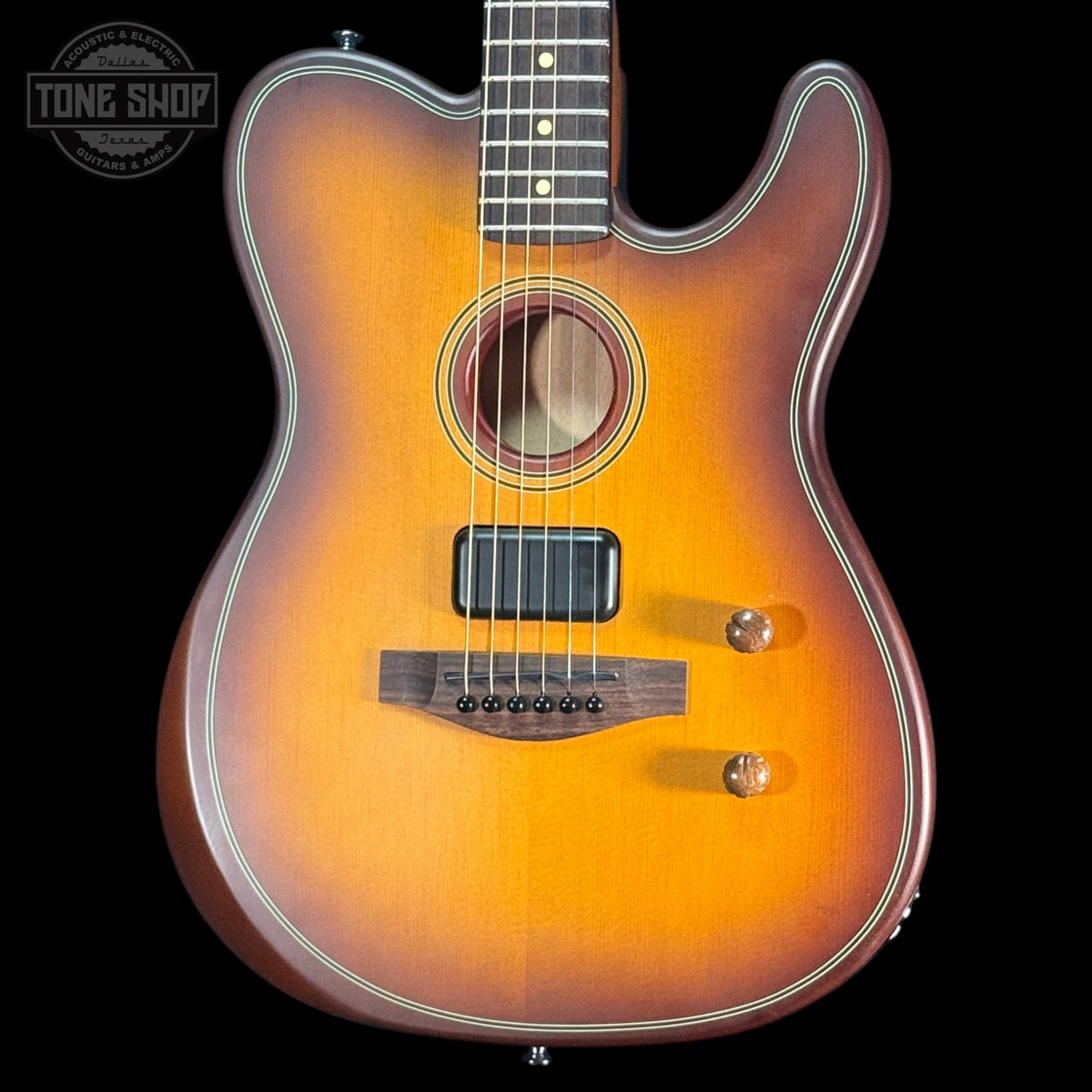 Front of Used 2025 Acoustasonic Standard Telecaster Honey Burst.