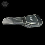 An Epiphone guitar case in black with white piping and a white Epiphone logo on the front pocket, shown against a solid black background.