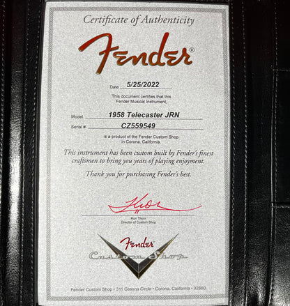 COA of Used 2022 Fender Custom Shop Journeyman Telecaster Relic Chocolate 3TSB w/OHSC TFW2429