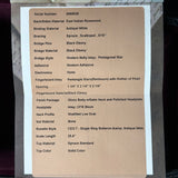 Technical specifications sheet for a guitar on a wooden surface