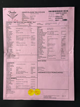 Pink document with text and a yellow label on a black background
