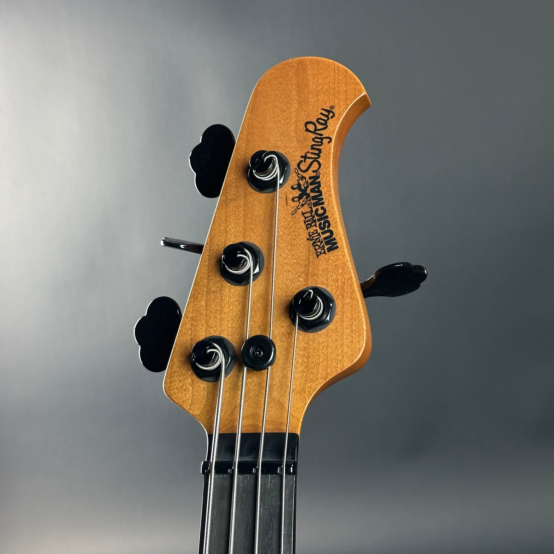 Close-up of a guitar headstock with brand name on a gray background