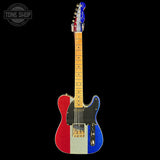 Guitar with a red, white, and blue design on a black background