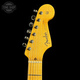 Headstock of Used 2018 Fender Eric Johnson Thinline Strat Vintage White.