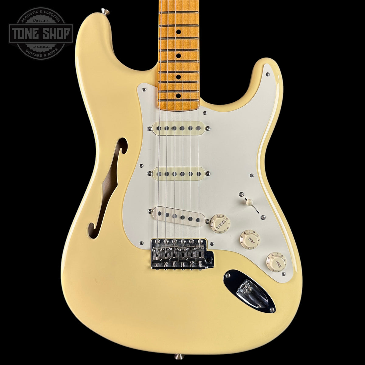 Front of Used 2018 Fender Eric Johnson Thinline Strat Vintage White.