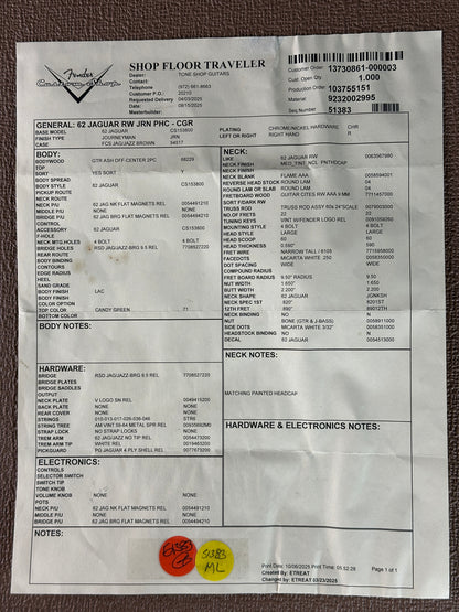 Spec sheet for Fender Custom Shop 1962 Jaguar Journeyman Relic PHC Candy Green.
