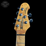 Headstock of Used Ernie Ball Valentine Trans Buttermilk.