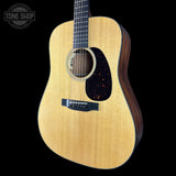 Front angle of Used Martin D-18E LRB Natural.