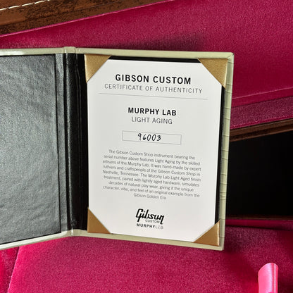 Gibson Custom certificate of authenticity for Murphy Lab Light Aging on a red background