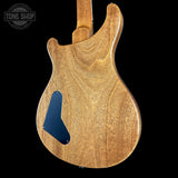 Wooden guitar body with a visible brand logo in the corner