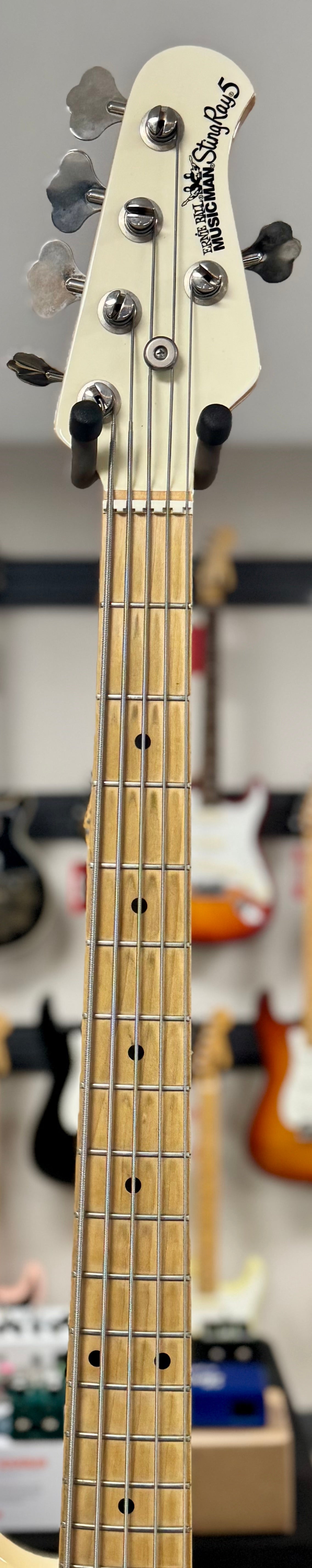 Front of neck of Used 2007 Ernie Ball Music Man StingRay5 H White w/case TSS6510