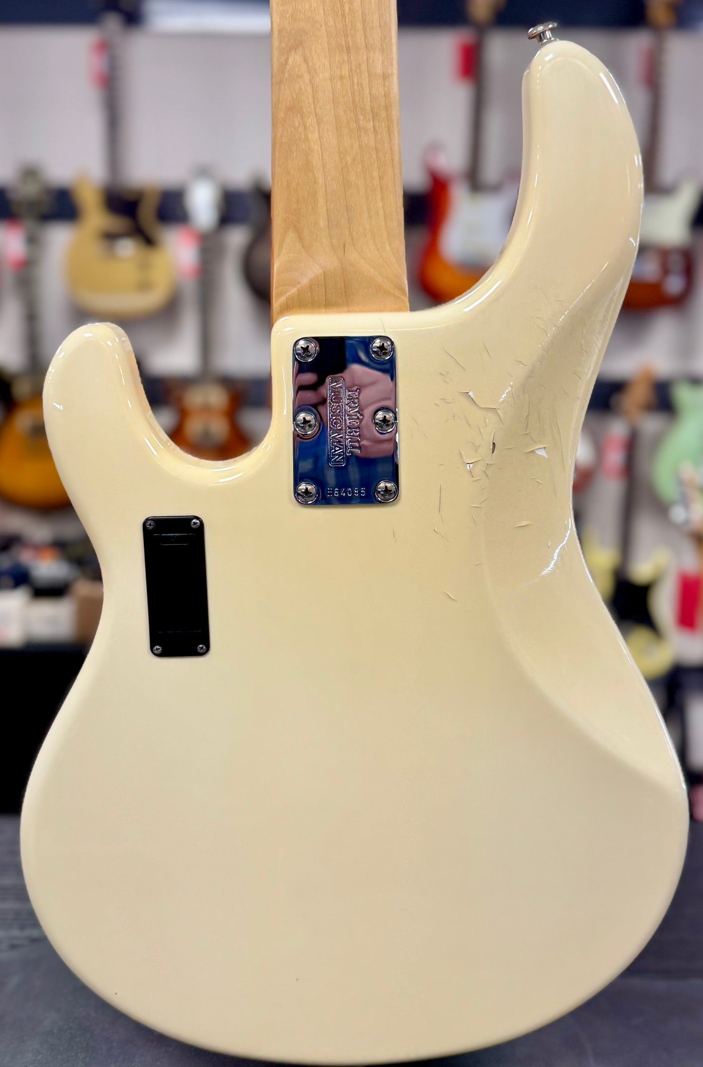 Back of body of Used 2007 Ernie Ball Music Man StingRay5 H White w/case TSS6510