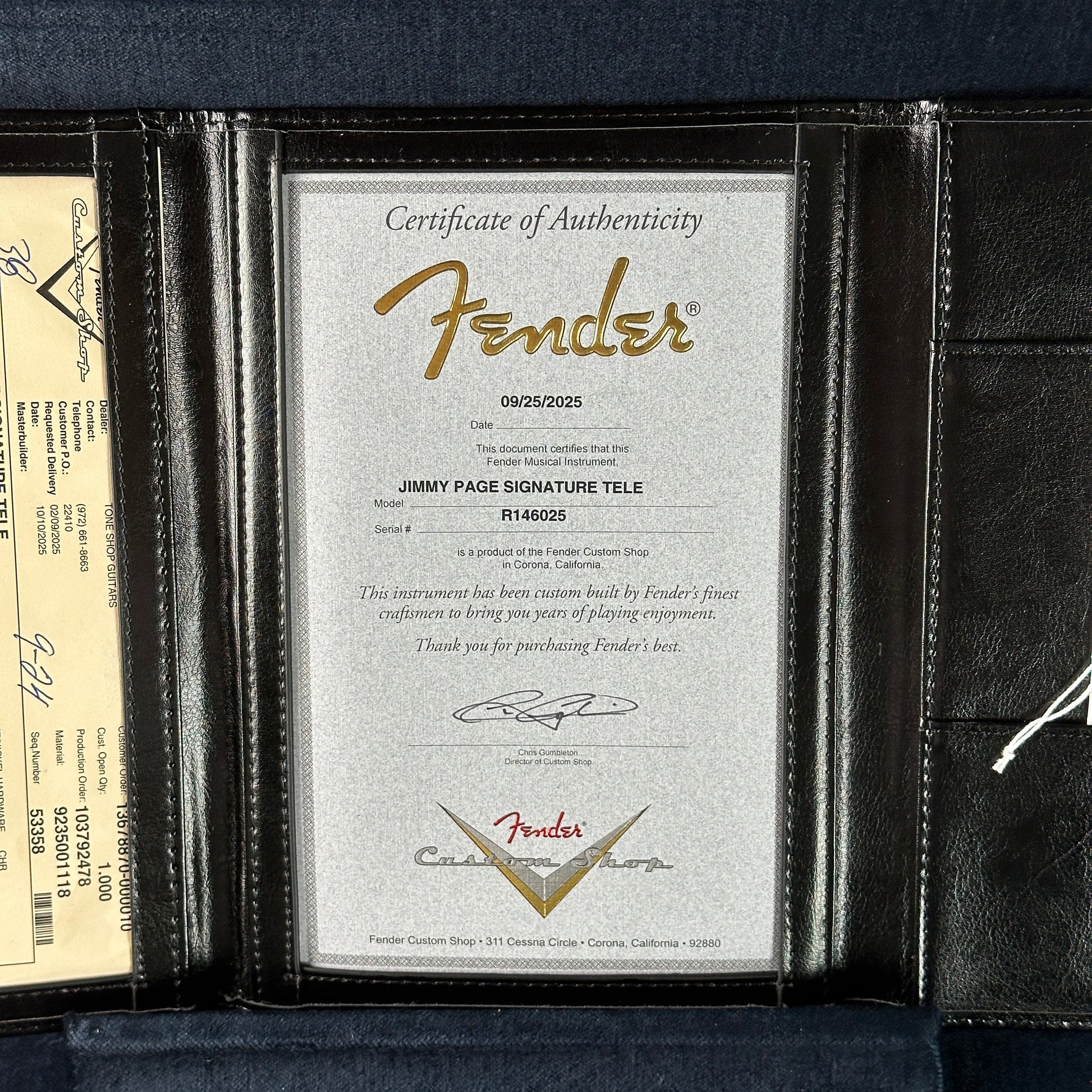Fender certificate of authenticity for a Jimmy Page Signature Tele guitar