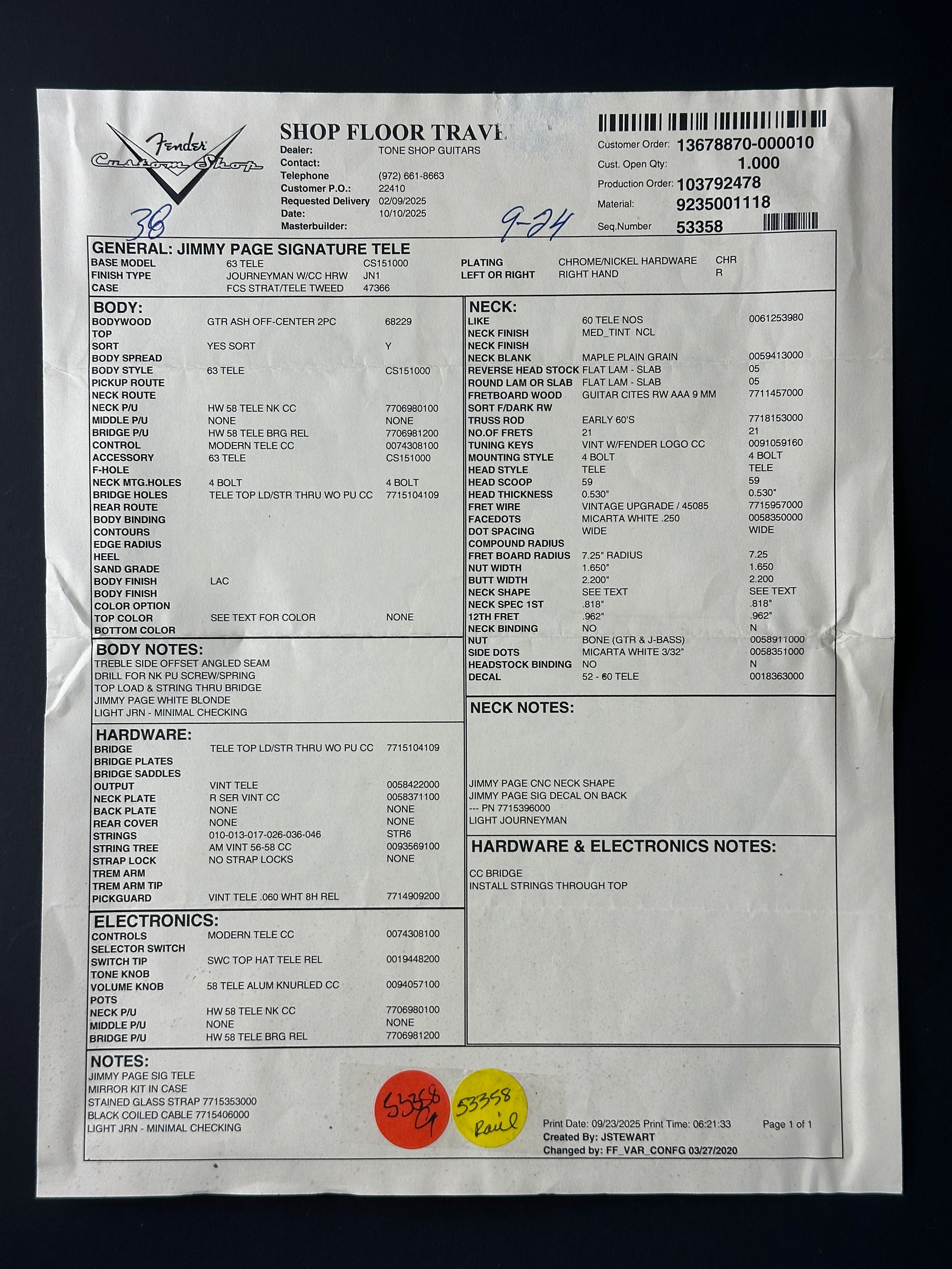 Spec sheet for Fender Custom Shop Jimmy Page Signature Telecaster.