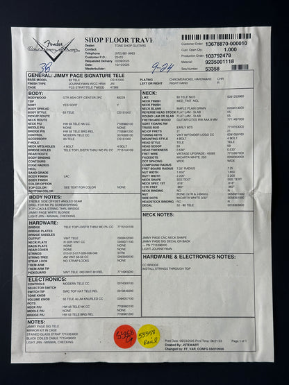 Spec sheet for Fender Custom Shop Jimmy Page Signature Telecaster.
