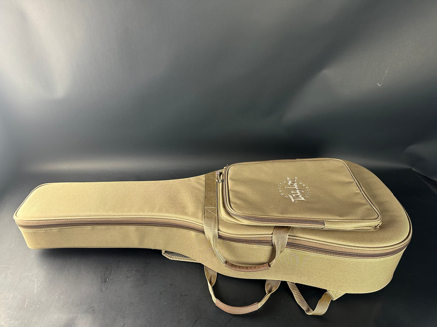 Beige guitar case on a dark gray background