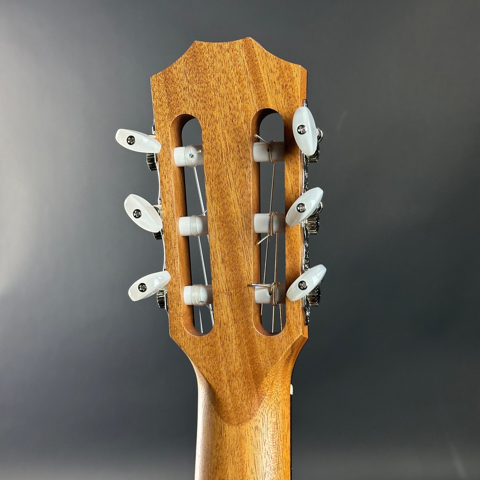Close-up of a guitar headstock with tuning pegs on a gray background