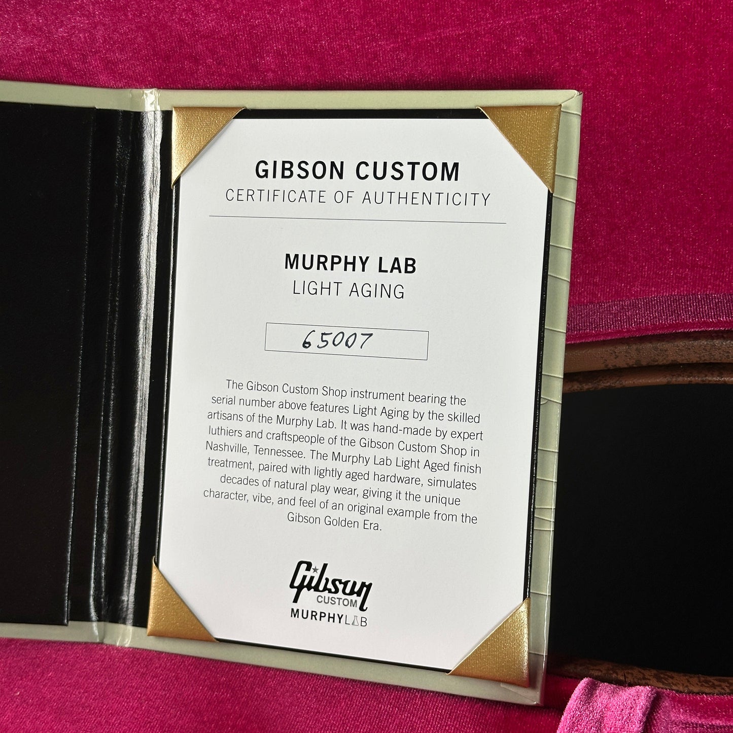 Certificate of authenticity for Custom Shop Dealer Select 1956 Les Paul Standard Bigsby Ebony Top Light Aged NH.