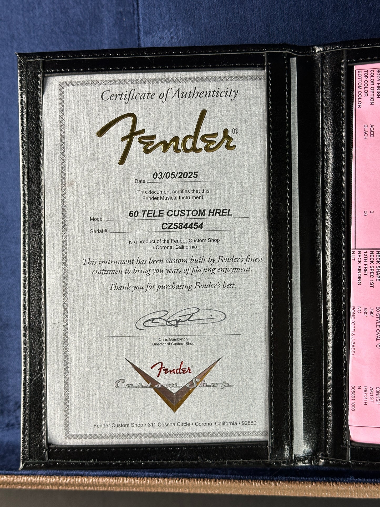 Certificate of authenticity for Fender Custom Shop Time Machine '60 Tele Custom Heavy Relic Aged Black.