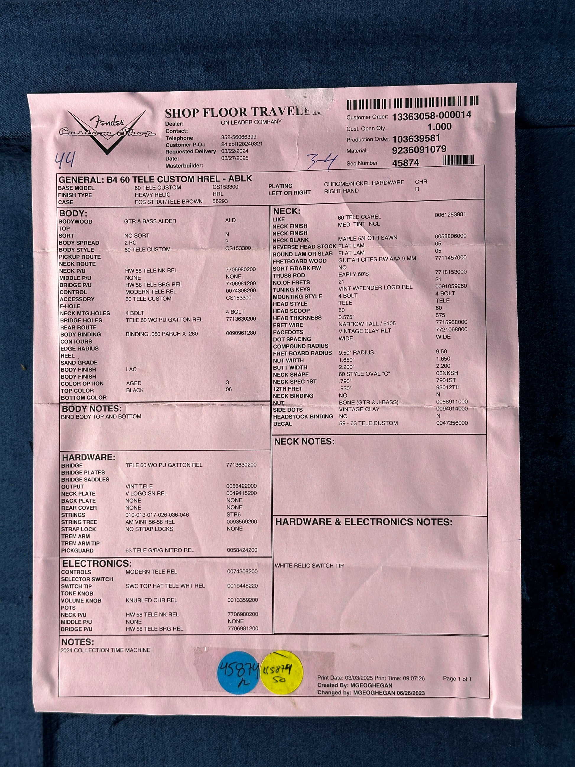 Spec sheet for Fender Custom Shop Time Machine '60 Tele Custom Heavy Relic Aged Black.
