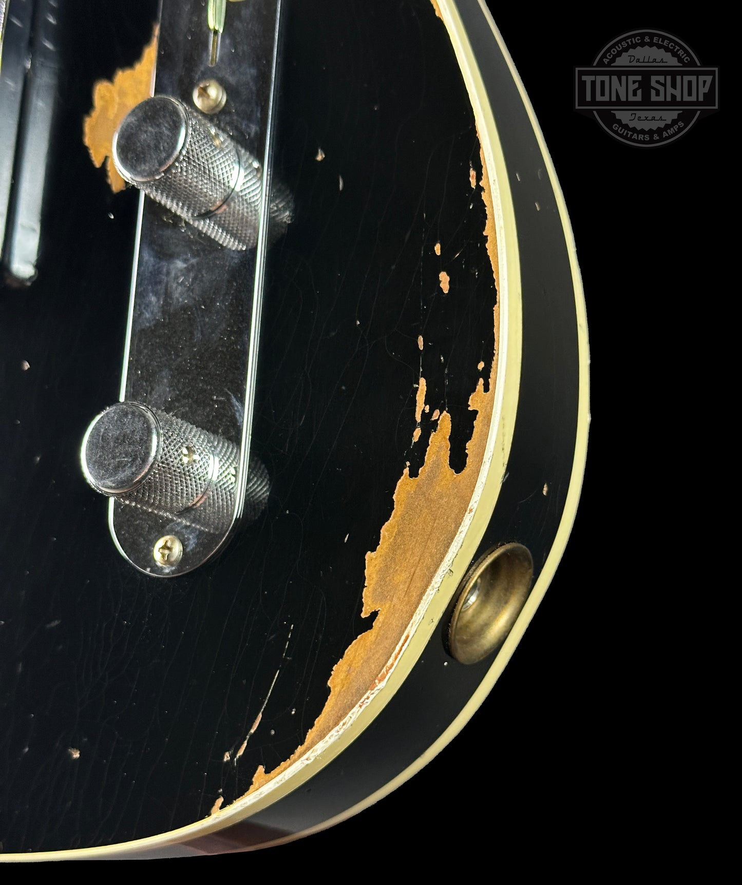 Front angle of Fender Custom Shop Time Machine '60 Tele Custom Heavy Relic Aged Black.