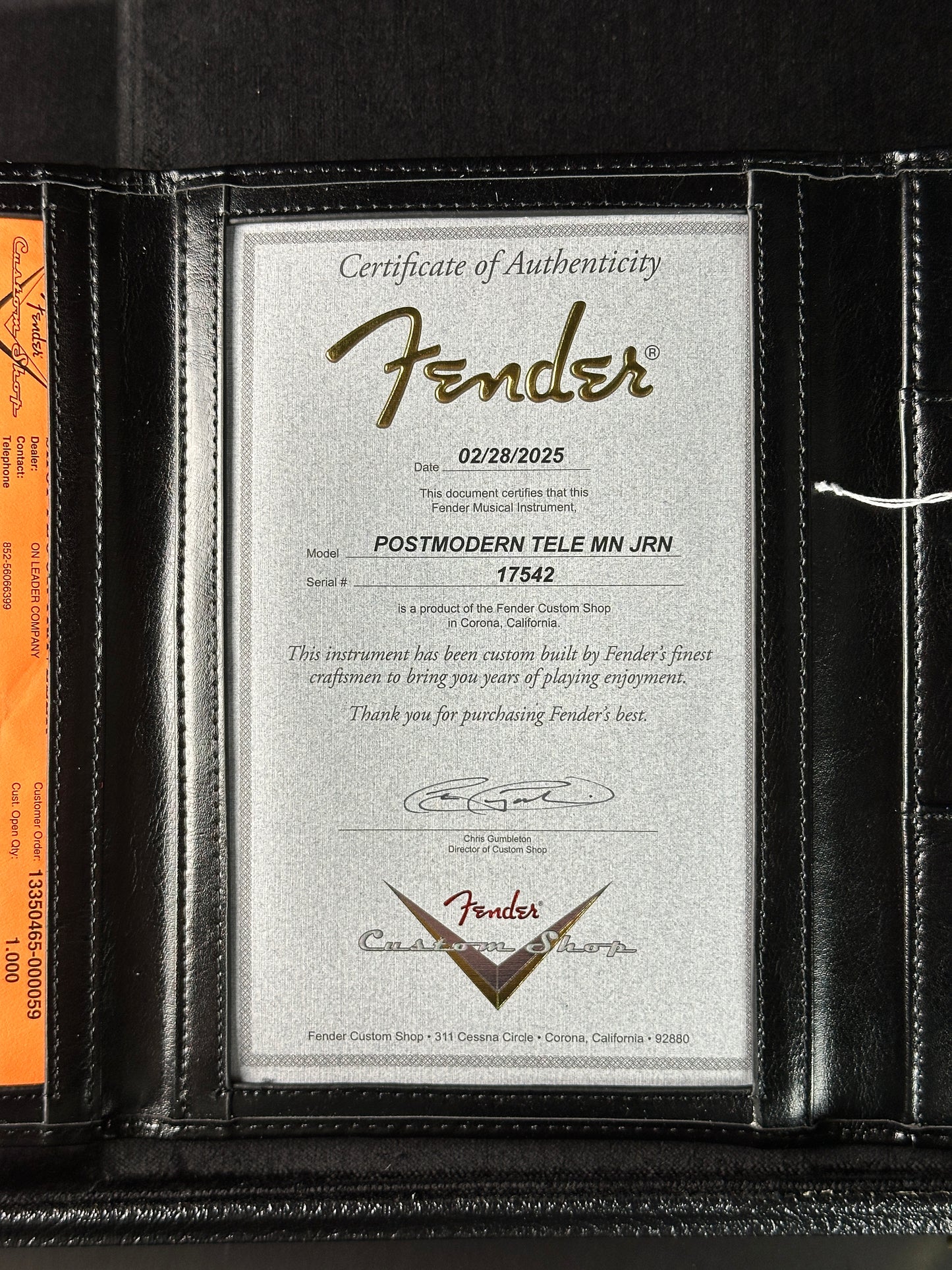 Certificate of authenticity for Fender Custom Shop Postmodern Tele MN Journeyman Relic Aged Butterscotch Blonde.