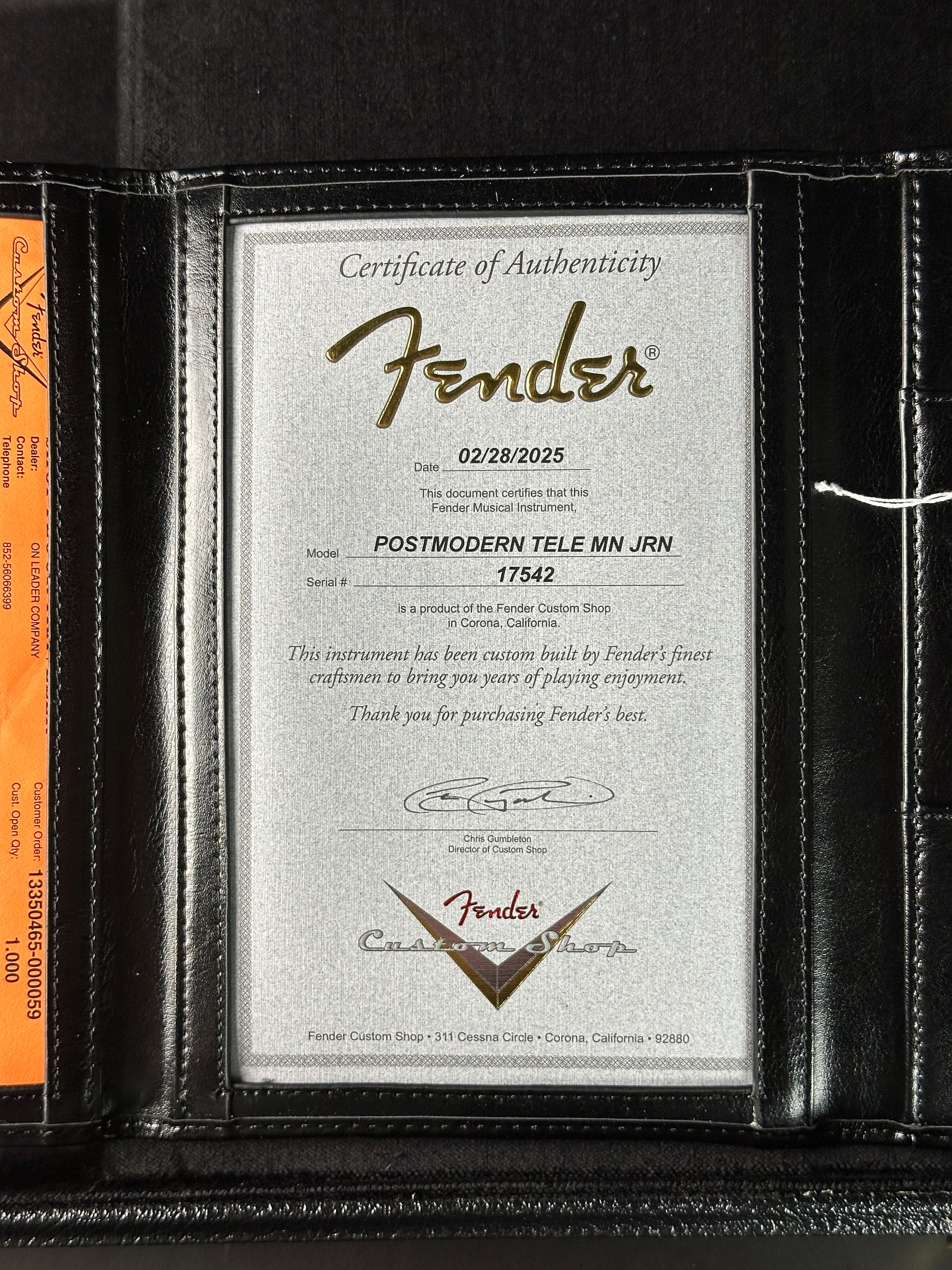 Certificate of authenticity for Fender Custom Shop Postmodern Tele MN Journeyman Relic Aged Butterscotch Blonde.