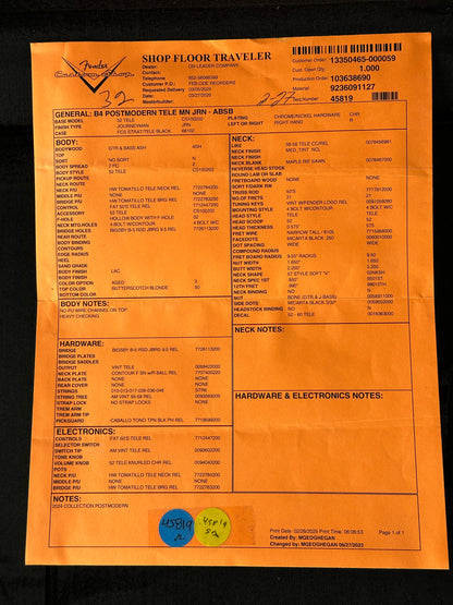 Spec sheet for Fender Custom Shop Postmodern Tele MN Journeyman Relic Aged Butterscotch Blonde.