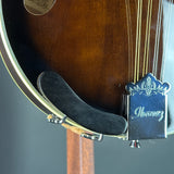 Close-up of an Ibanez mandolin showing the sunburst wood body, black felt fingerboard, and silver metal tuning hardware.