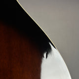 Extreme close-up detail of a curved wooden object, showing a glossy dark brown wood finish, a black edge, and a white reflective highlight against a neutral gray background.