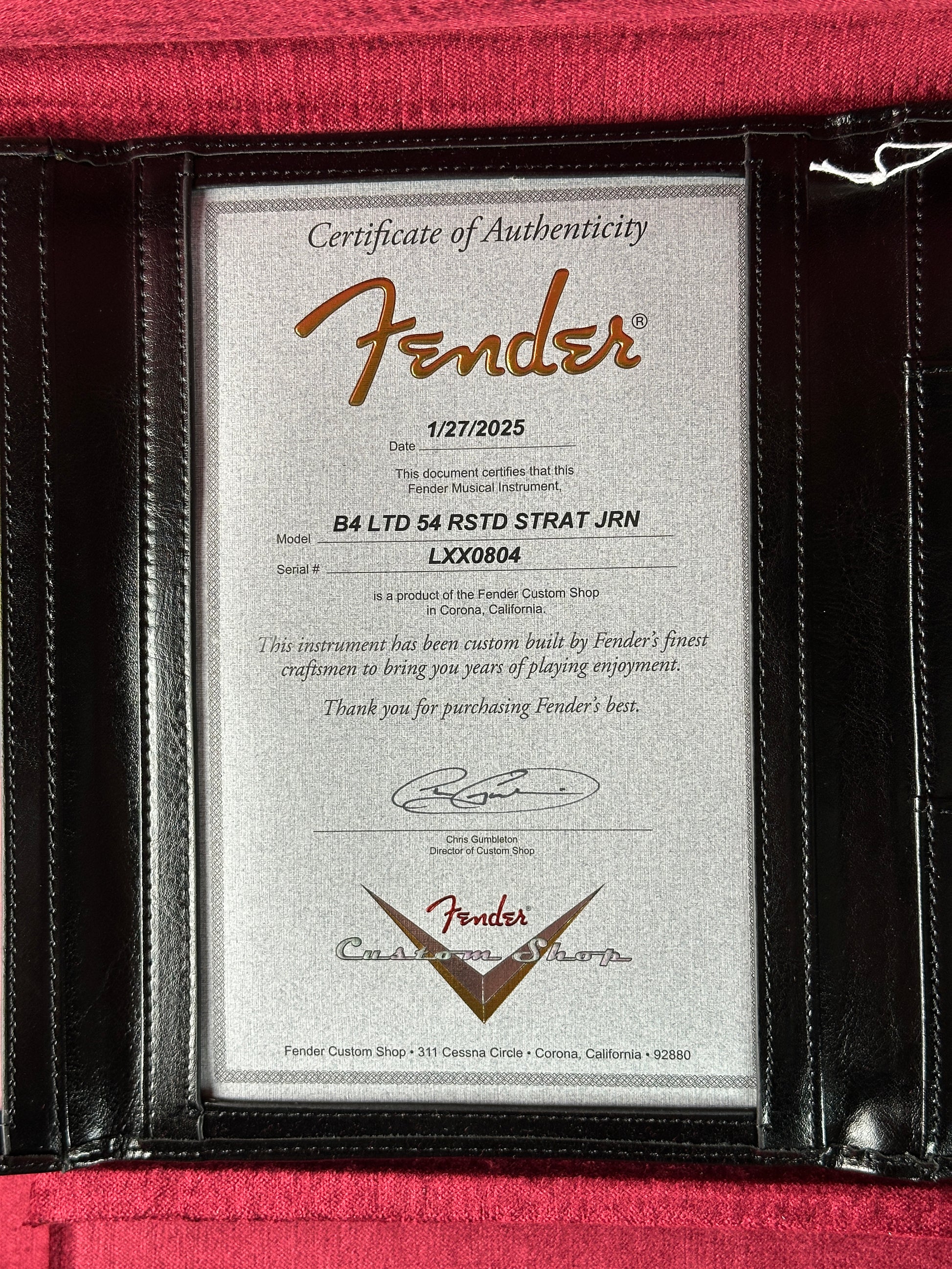 Certificate of authenticity for Fender Custom Shop Limited Edition Roasted '54 Strat Journeyman Relic '55 Desert Tan.