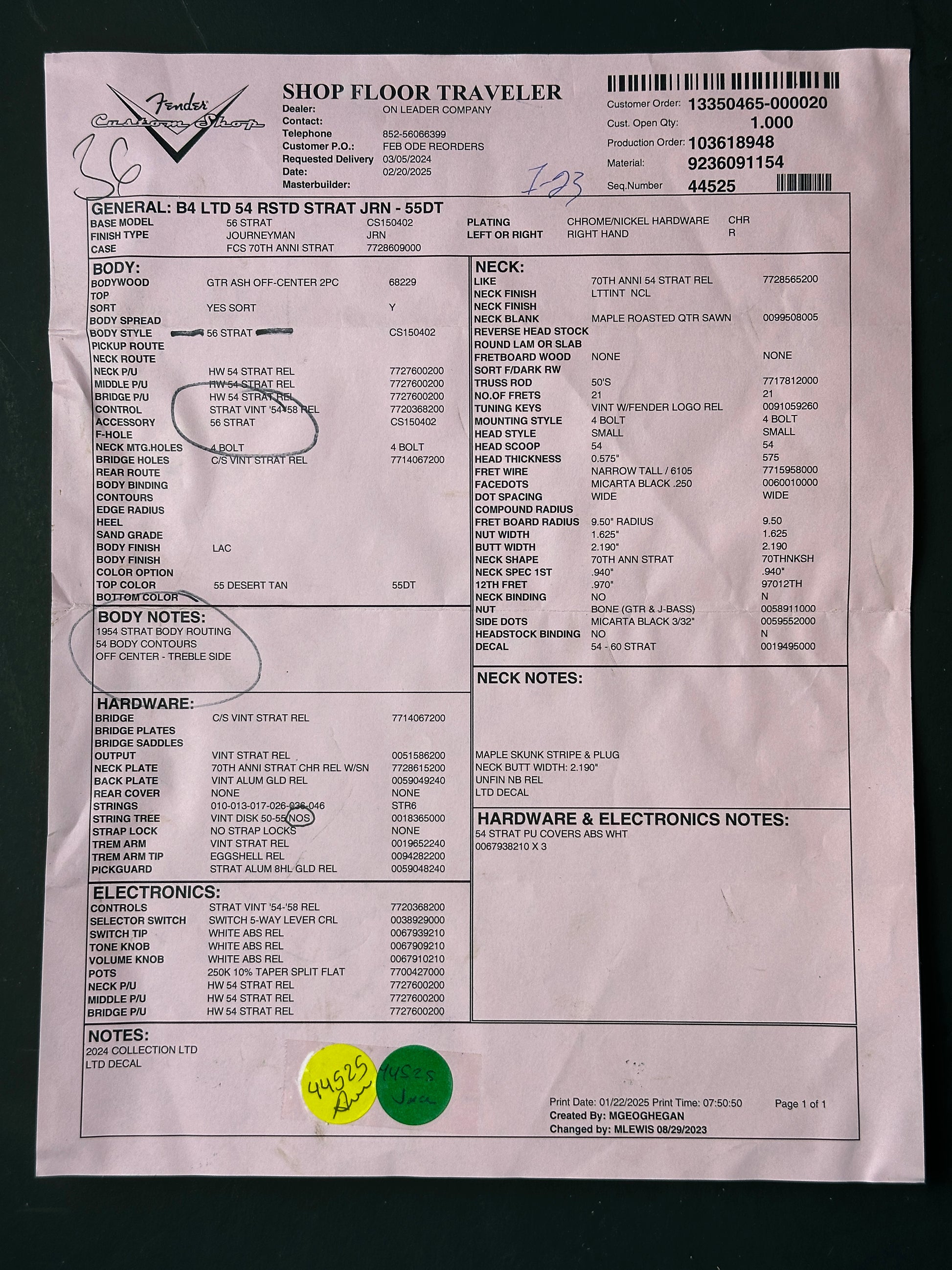 Spec sheet for Fender Custom Shop Limited Edition Roasted '54 Strat Journeyman Relic '55 Desert Tan.